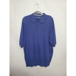 Paul Fredrick 100% Silk Banded Hem Window Pane Navy Blue Men's Polo Shirt